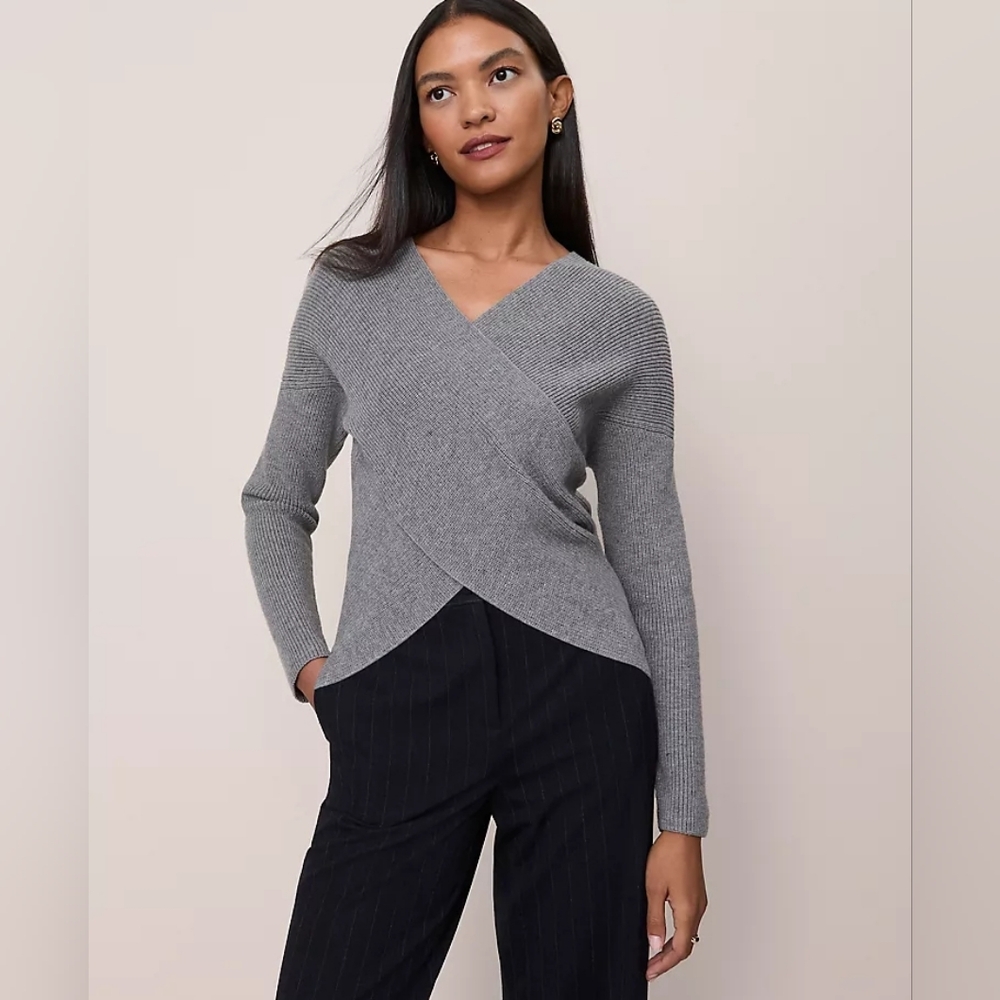 Ann Taylor Ribbed Wrap Sweater Heather Grey Size Medium
